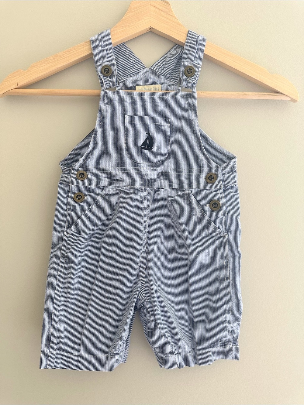 JoJo Maman Bébé Sailboat Stripe Short Overalls, 6–12M, Navy Blue White